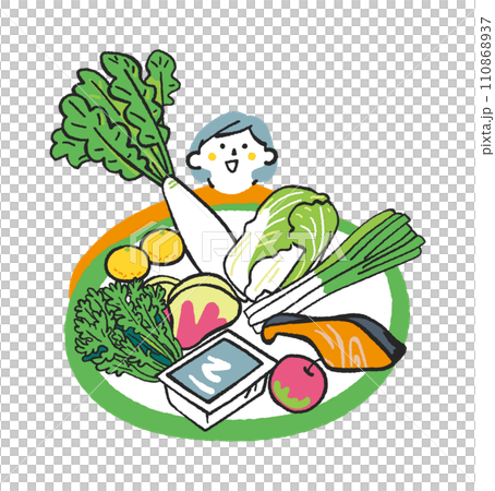 美味しそうな夏野菜や食材と女性　イラスト素材 110868937