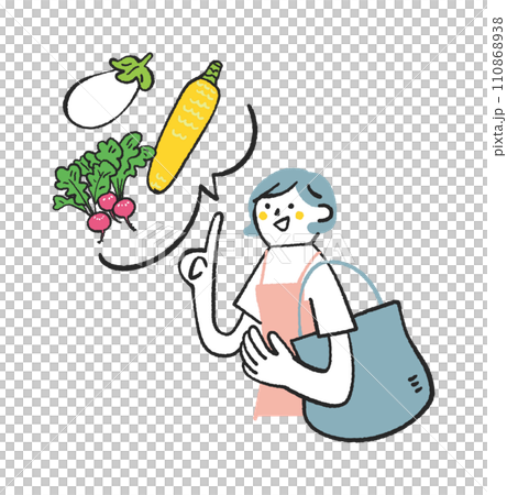 夏野菜をチョイスする女性　イラスト素材 110868938