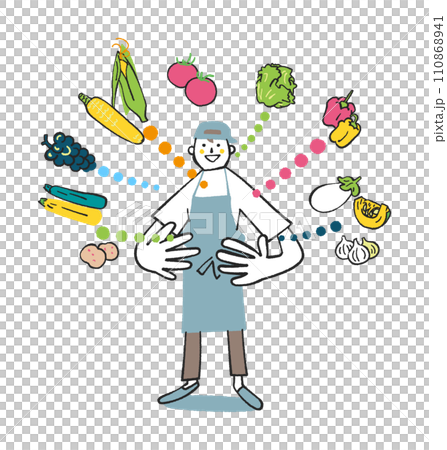 一個穿著圍裙的男人拿著美味蔬菜的主插畫素材 110868941