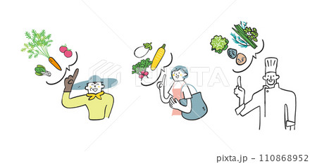 美味しそうな野菜や食材と女性、農夫、シェフ　セット　イラスト素材 110868952