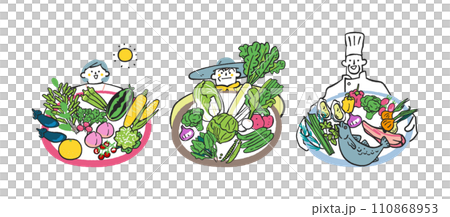 美味しそうな野菜や食材と女性、農夫、シェフ セット イラスト素材 美味しそうな野菜や食材と女性、農夫、シェフ セット イラスト素材 110868953