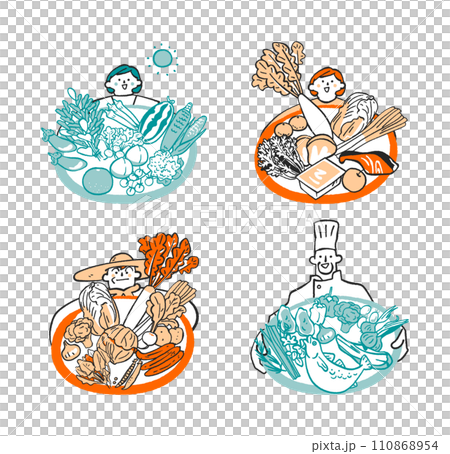 Delicious-looking vegetables and ingredients, woman, farmer, chef set illustration material 110868954