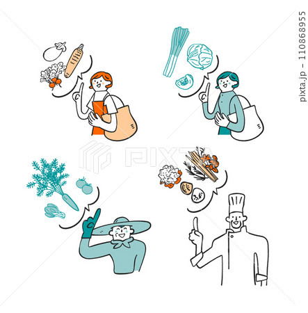 美味しそうな野菜や食材と女性、農夫、シェフ セット イラスト素材 美味しそうな野菜や食材と女性、農夫、シェフ セット イラスト素材 110868955