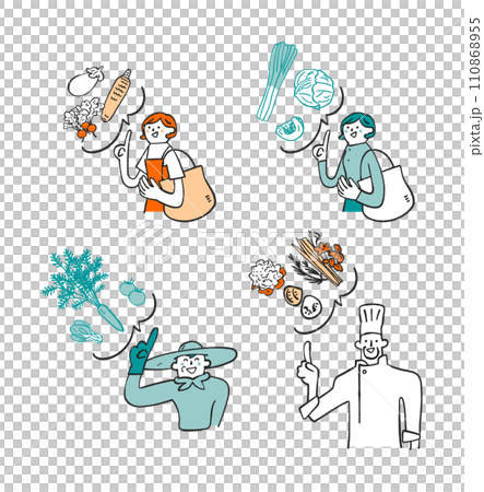 看起來美味的蔬菜和食材，女人，農民，廚師套裝插畫素材 110868955