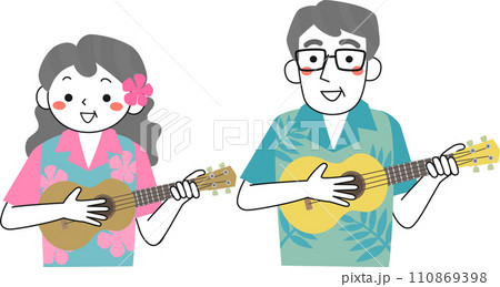 アロハシャツを着てウクレレを弾くシニア女性とシニア男性 110869398