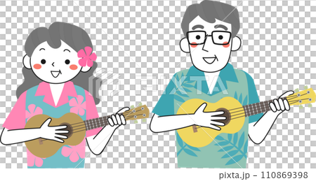 アロハシャツを着てウクレレを弾くシニア女性とシニア男性 110869398