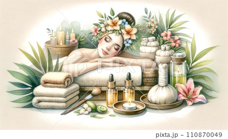 Tranquil Spa Experience Watercolor Illustration	 110870049