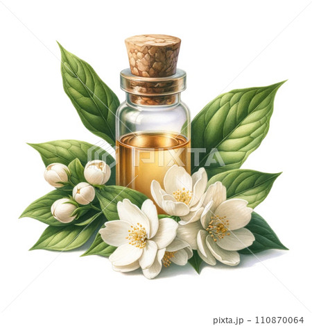 Jasmine Essential Oil Bottle with Blooms Illustration	 110870064