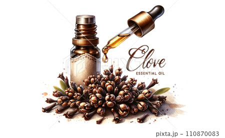 Clove Essential Oil Dropper and Bottle Illustration 110870083
