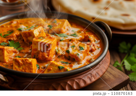 A steaming hot tofu dish with a bright red-orange curry, garnished with cream 110870163