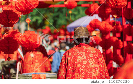 Chinese new year lantern in chinatown area. Translate chinese alphabet " Fu " hanging under lanterns Lantern meaning good fortune. Chinese new year lantern in chinatown area. Translate chinese alphabet " Fu " hanging under lanterns Lantern meaning good fortune. 110870280