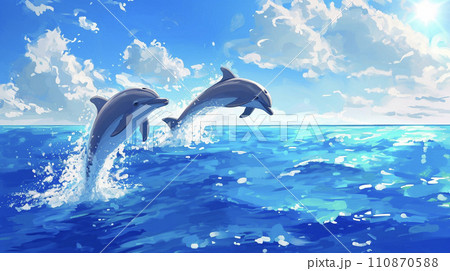 夏の海とジャンプするイルカの風景画 AI画像のイラスト素材 [110870588