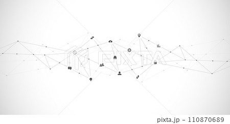 Information technology background with infographic elements and flat icons. Digital technology, network connection and communication concept. Vector illustration. 110870689