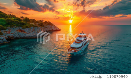南洋の孤島とヨットと夕日：精緻CG 110870940