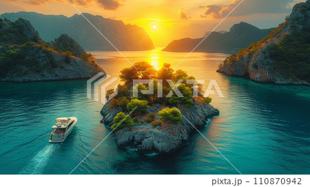 南洋の孤島とヨットと夕日：精緻CG