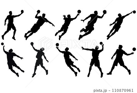 Set of Handball Players Silhouetes,Handball player in action, attack shut in jumping vector silhouette. 110870961