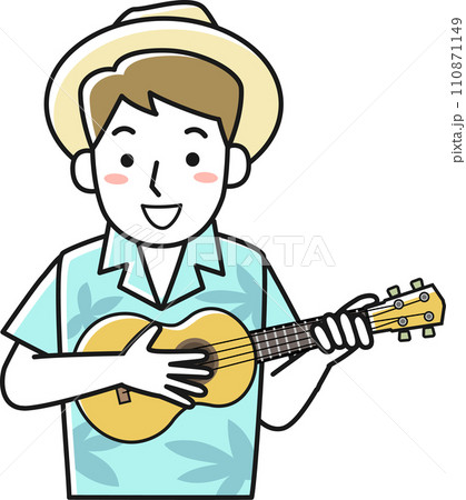 アロハシャツを着てウクレレを演奏する若い男性の上半身 110871149