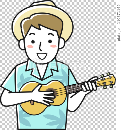 アロハシャツを着てウクレレを演奏する若い男性の上半身 110871149