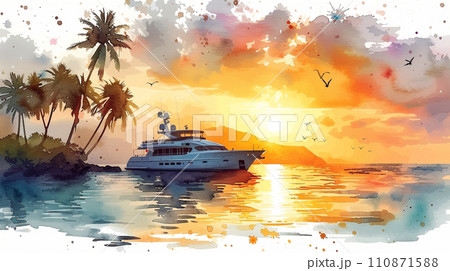 南洋の孤島とヨットと夕日：水彩画のイラスト素材 [110871588