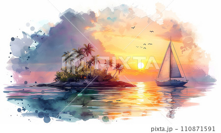 南洋の孤島とヨットと夕日：水彩画 110871591