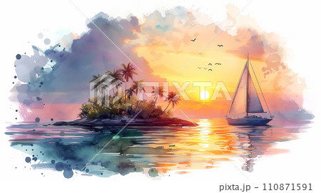 南洋の孤島とヨットと夕日：水彩画