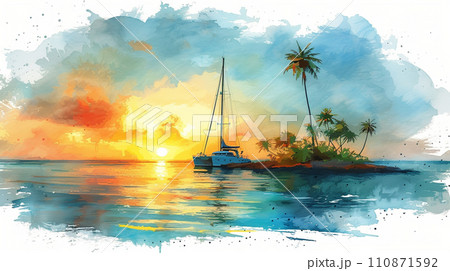 南洋の孤島とヨットと夕日：水彩画 110871592