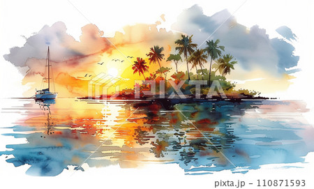 南洋の孤島とヨットと夕日：水彩画