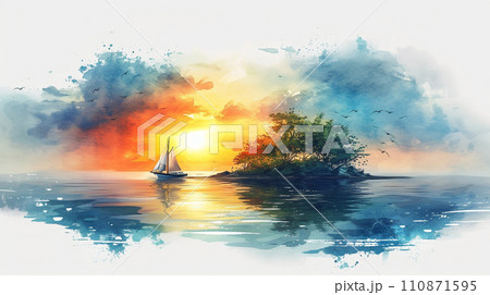 南洋の孤島とヨットと夕日：水彩画