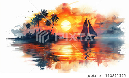 南洋の孤島とヨットと夕日：水彩画 110871596