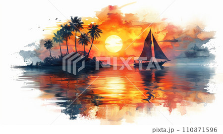 南洋の孤島とヨットと夕日：水彩画のイラスト素材 [110871596