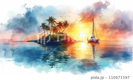 南洋の孤島とヨットと夕日：水彩画 110871597