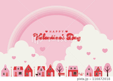 空に虹がかかった家が立ち並ぶ街のバレンタインデー向け背景イラスト 空に虹がかかった家が立ち並ぶ街のバレンタインデー向け背景イラスト 110872018