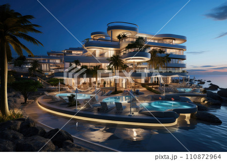 Modern hotel building on the seashore or ocean for summer holidays and vacations 110872964