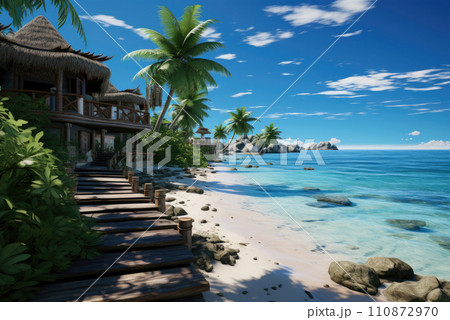 Promenade of a luxury hotel with a white sandy beach 110872970