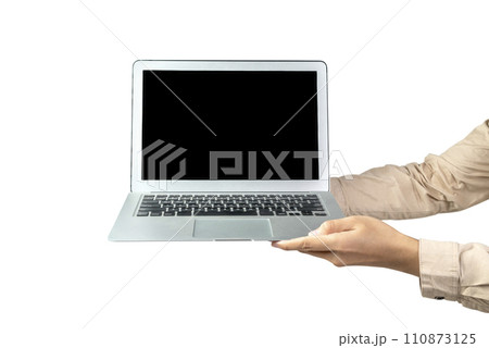 People hand holding laptops with a blank screen 110873125