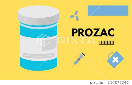Prozac Medical pills in RX prescription drug bottle for mental health vector illustration Prozac Medical pills in RX prescription drug bottle for mental health vector illustration 110873246