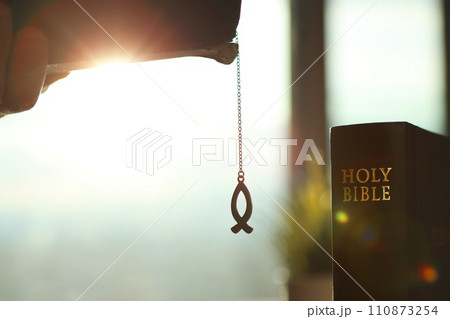 A Christian reading a Bible, a fish-shaped Ichthus symbol symbolizing Christians, and a bright light and Bible A Christian reading a Bible, a fish-shaped Ichthus symbol symbolizing Christians, and a bright light and Bible 110873254