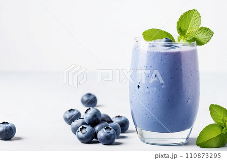 Deliciously Fresh: Homemade Blueberry and Mint Smoothie on a Crisp White Background. Generative AI. 110873295