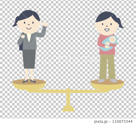 Illustration of a mother balancing work and childcare 110873344