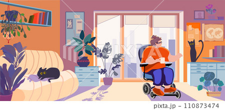 An overweight disabled woman in a chair strokes a cat in a cozy room. Inclusion concept. Social adaptation. Vector illustration. An overweight disabled woman in a chair strokes a cat in a cozy room. Inclusion concept. Social adaptation. Vector illustration. 110873474
