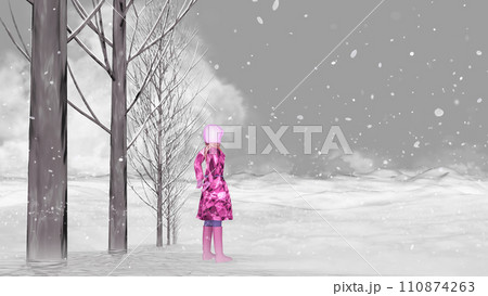 冬景色>小雪が降り注ぐ大地で山脈を見入る女性 文字入れ用の背景素材 冬景色>小雪が降り注ぐ大地で山脈を見入る女性 文字入れ用の背景素材 110874263