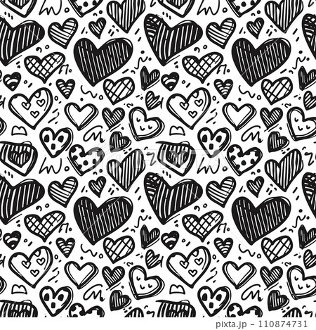 Fun black and white abstract line doodle heartsのイラスト素材