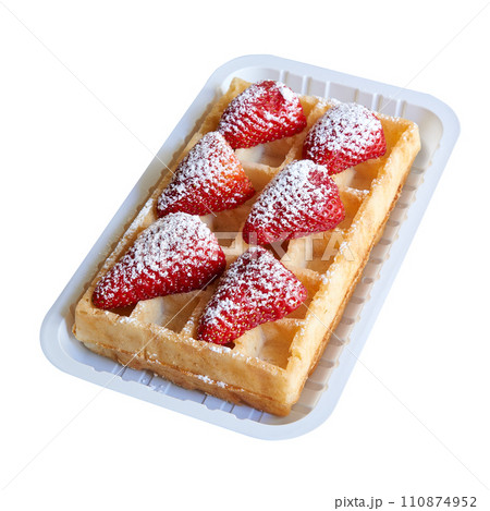 Tasty belgian waffle in packaging isolated on white background Tasty belgian waffle in packaging isolated on white background 110874952