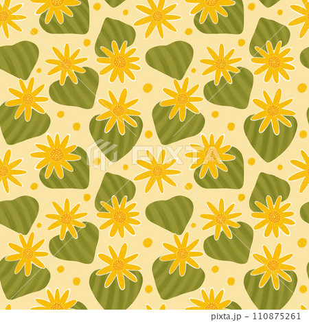 Floral seamless pattern. Yellow flowers with leaves on light yellow background. Cute hand drawn water lilies with brush texture. Summer floral repeated design for textile, fabrics, wallpaper 110875261