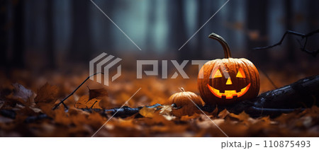 Carved out glowing orange halloween pumpkin jack o lantern in the forest with copy space AI generated 110875493