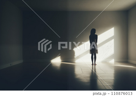 AI-generated content. The silhouette of a lonely girl in an empty dark room. 110876013