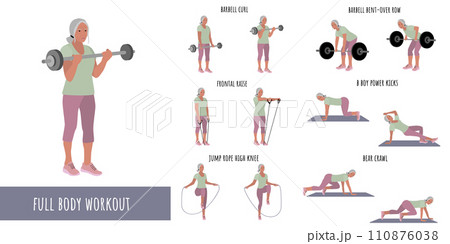Senior woman doing full body workout Senior woman doing full body workout 110876038