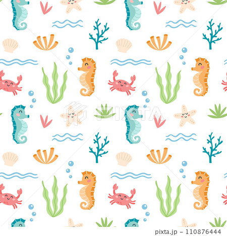 Childish seamless pattern with cartoon seahorse, crab, starfish character on a white background. Cute sea animals and underwater life design for fabric, textile, paper. Vector illustration Childish seamless pattern with cartoon seahorse, crab, starfish character on a white background. Cute sea animals and underwater life design for fabric, textile, paper. Vector illustration 110876444