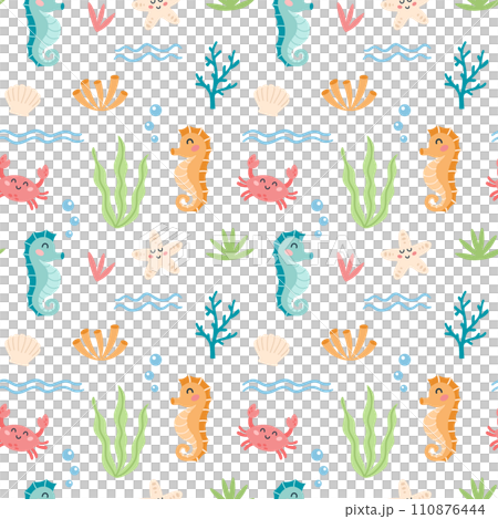 Childish seamless pattern with cartoon seahorse, crab, starfish character on a white background. Cute sea animals and underwater life design for fabric, textile, paper. Vector illustration Childish seamless pattern with cartoon seahorse, crab, starfish character on a white background. Cute sea animals and underwater life design for fabric, textile, paper. Vector illustration 110876444