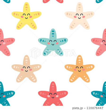 Childish seamless pattern with cute colored cartoon starfish character on a white background. Cute sea animals design for fabric, textile, paper. Vector illustration 110876447